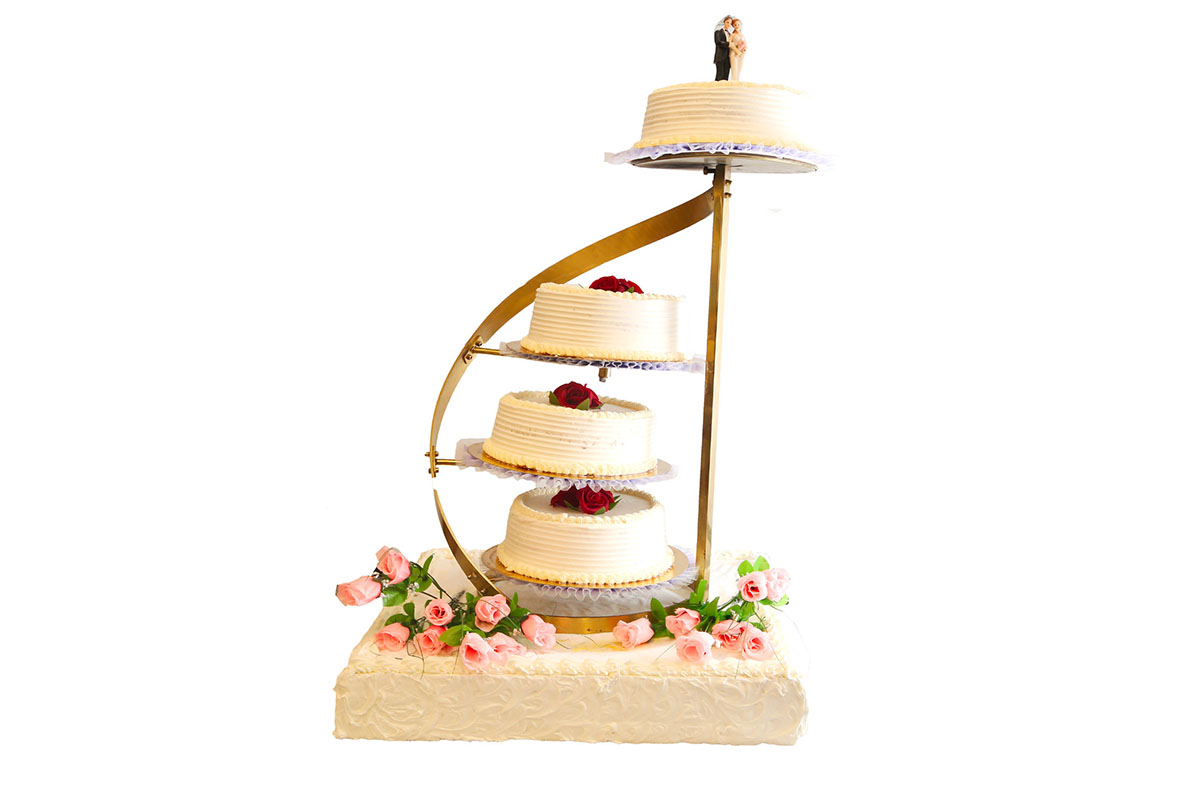 Présentoir à gâteau doré à 4 étages en métal et verre pour mariage